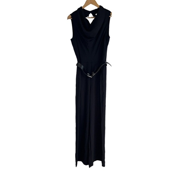 Calvin Klein Womens Cowlneck Drape Front Belted Black Jumpsuit Romper SZ 10 - Picture 4 of 13